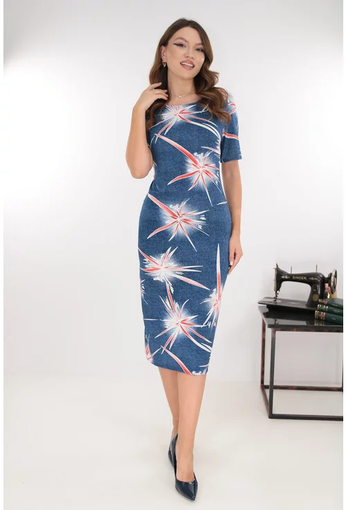 Rochie midi albastra cu print abstract rosu