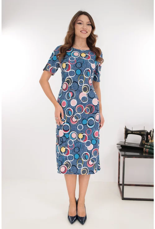 Rochie midi albastra cu print geometric multicolor