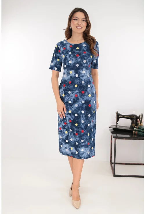 Rochie midi bleumarin cu buline multicolore