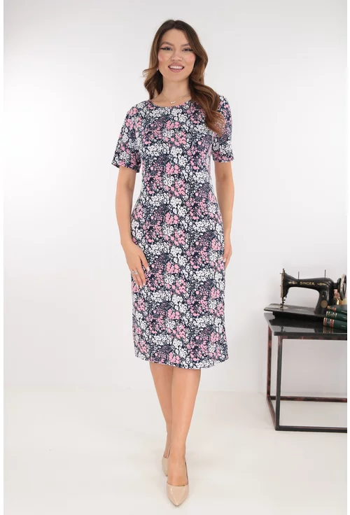 Rochie midi bleumarin cu imprimeu floral roz-alb