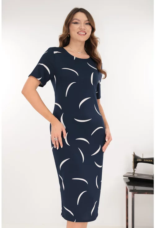 Rochie midi bleumarin cu print abstract alb