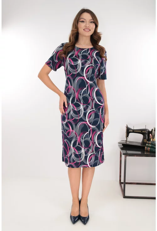 Rochie midi bleumarin cu print abstract roz-alb