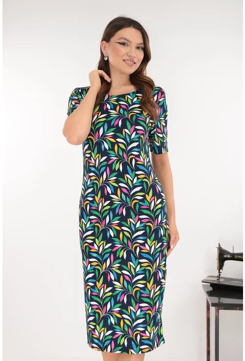 Rochie midi bleumarin cu print floral multicolor