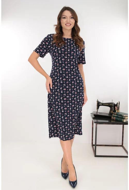 Rochie midi bleumarin cu print floral rosu