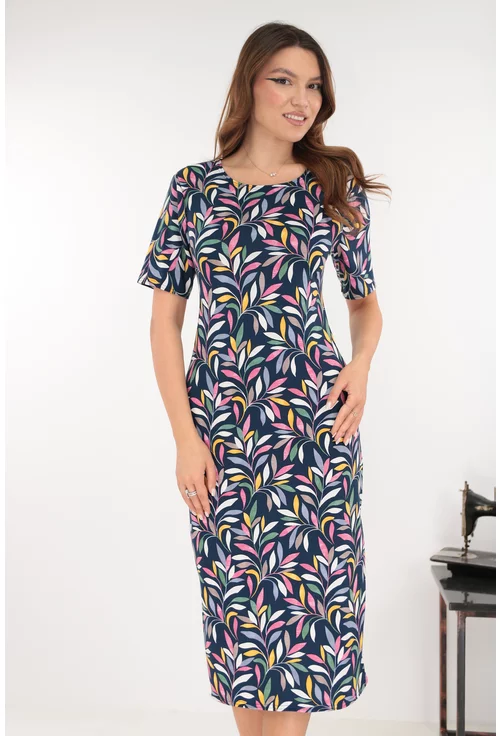 Rochie midi bleumarin cu print floral roz-galben