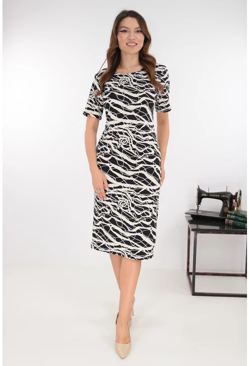 Rochie midi neagra cu imprimeu abstract crem