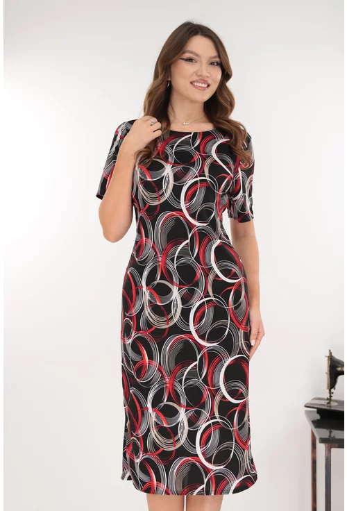 Rochie midi neagra cu print abstract alb-rosu