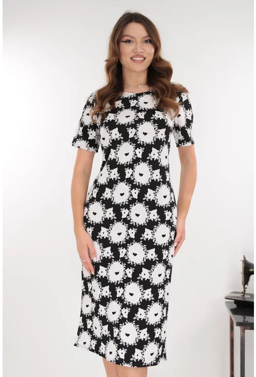 Rochie midi neagra cu print floral alb