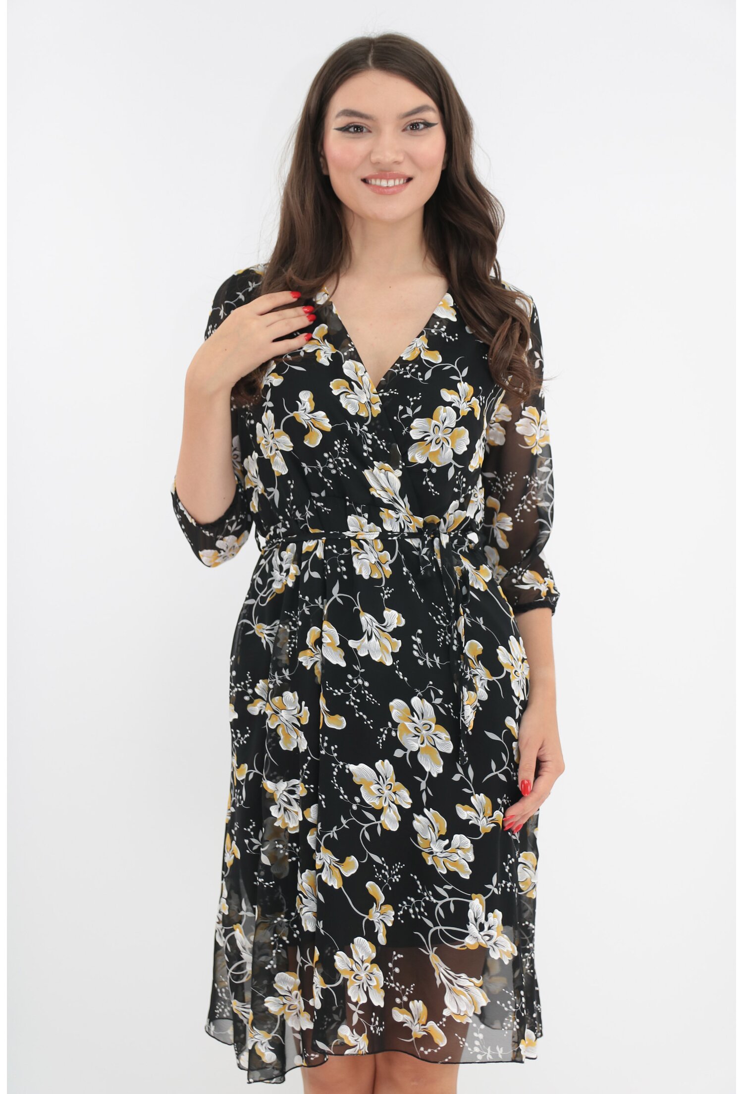 Rochie neagra cu flori maxi mustar