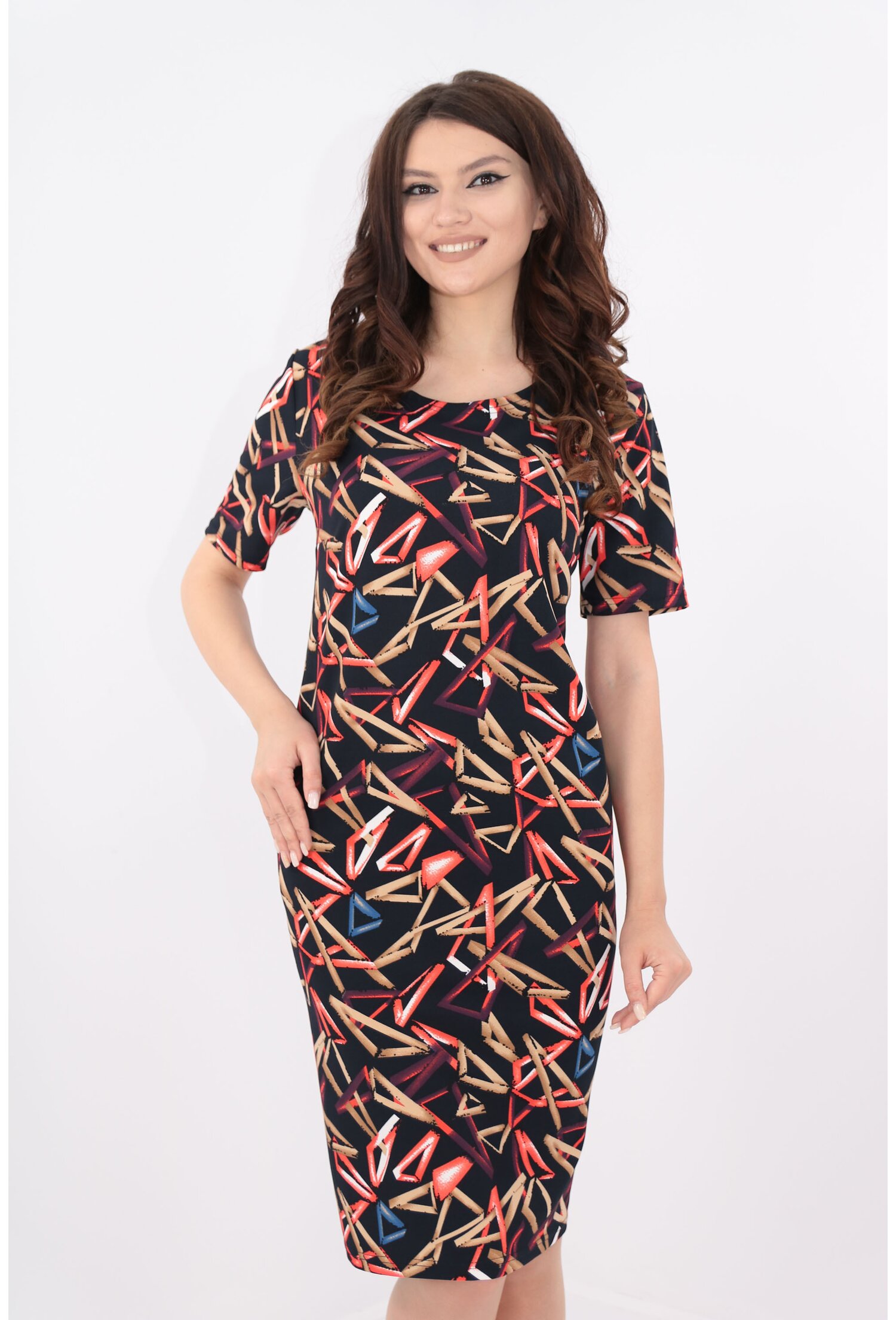 Rochie neagra cu print geometric rosu