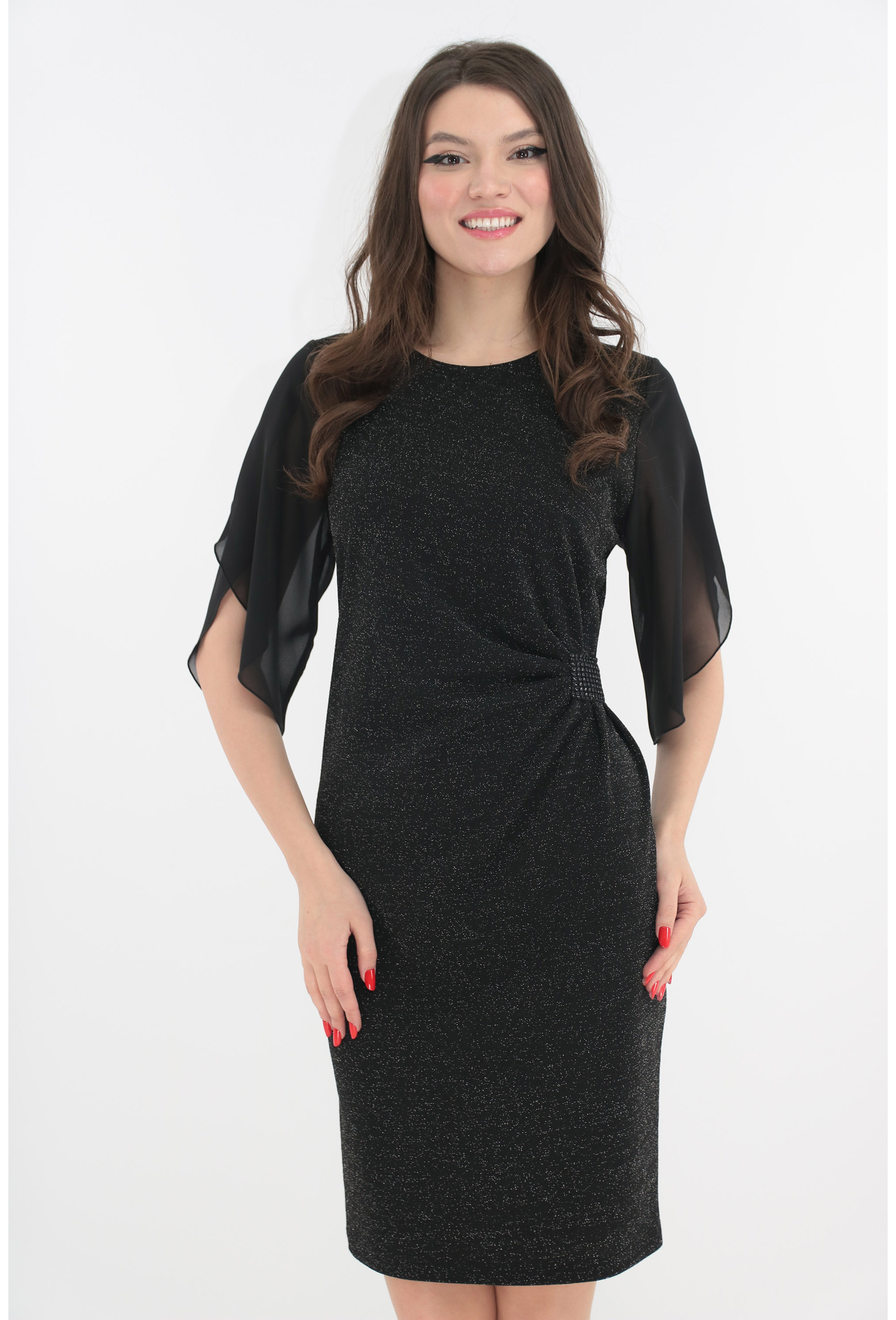 Rochie neagra de ocazie cu maneci din voal si fir stralucitor