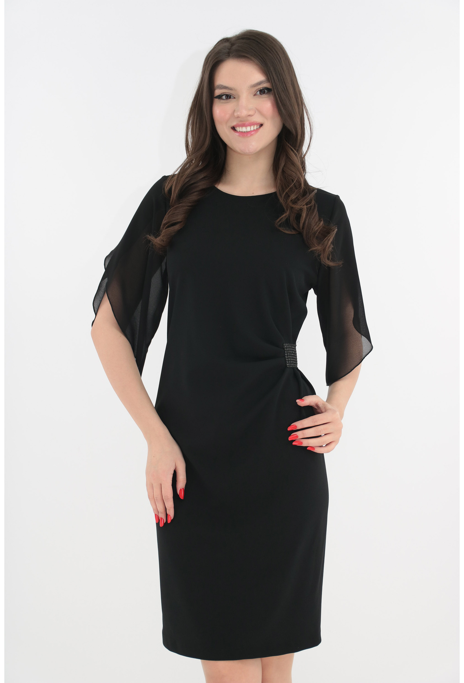 Rochie neagra de ocazie cu maneci tip lalea din voal