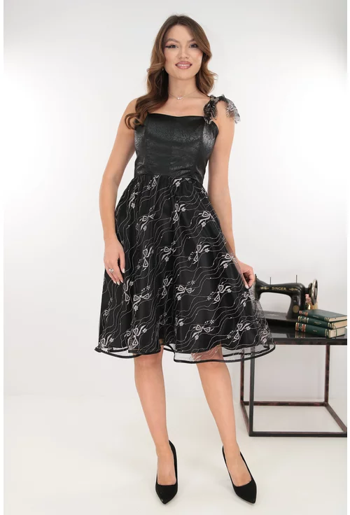 Rochie neagra de ocazie din dantela fina si matase peliculizata
