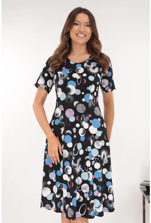 Rochie neagra in clini cu buline albe si albastre