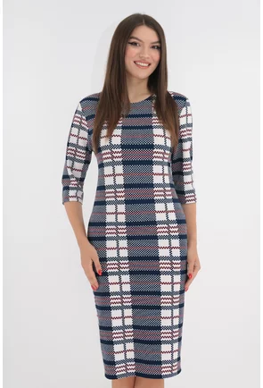Rochie office alba cu print in carouri bleumarin