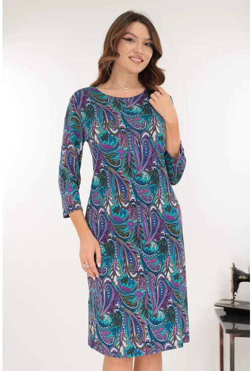 Rochie office albastra cu imprimeu abstract violet