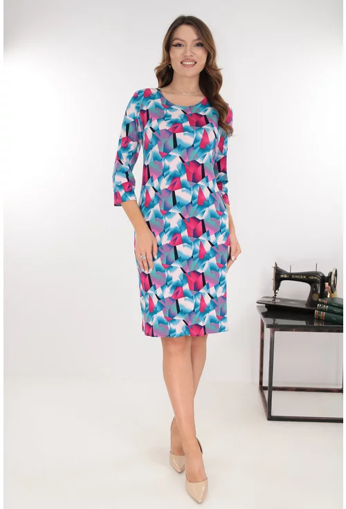 Rochie office albastra cu imprimeu geometric fucsia