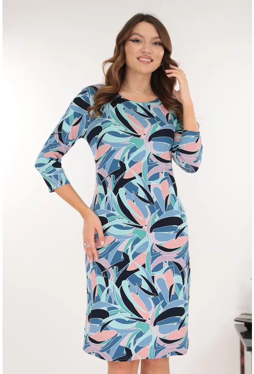 Rochie office albastra cu imprimeu geometric roz-vernil