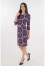 Rochie office albastra cu model geometric alb-rosu