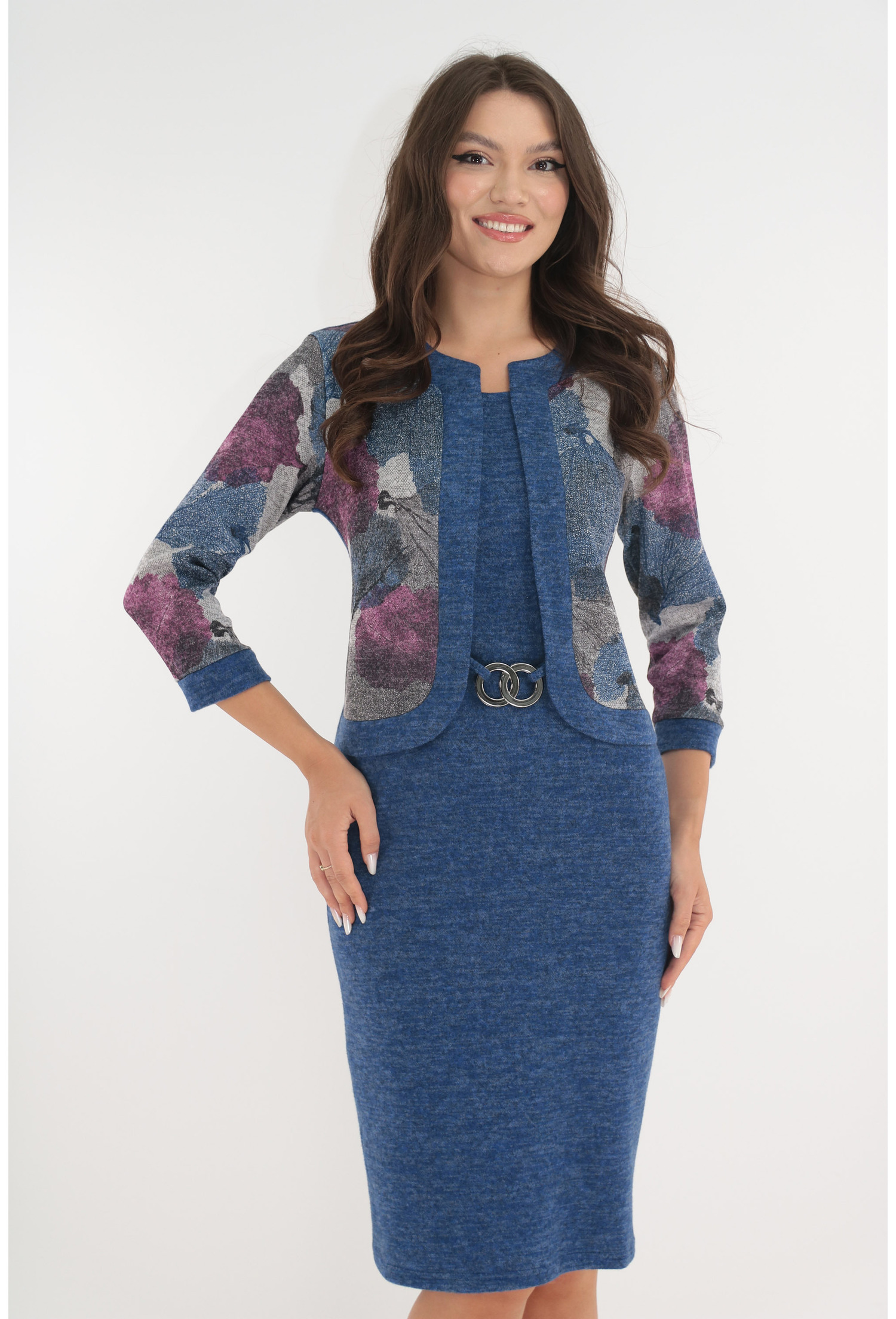Rochie office albastra din jerse cu aspect de costum