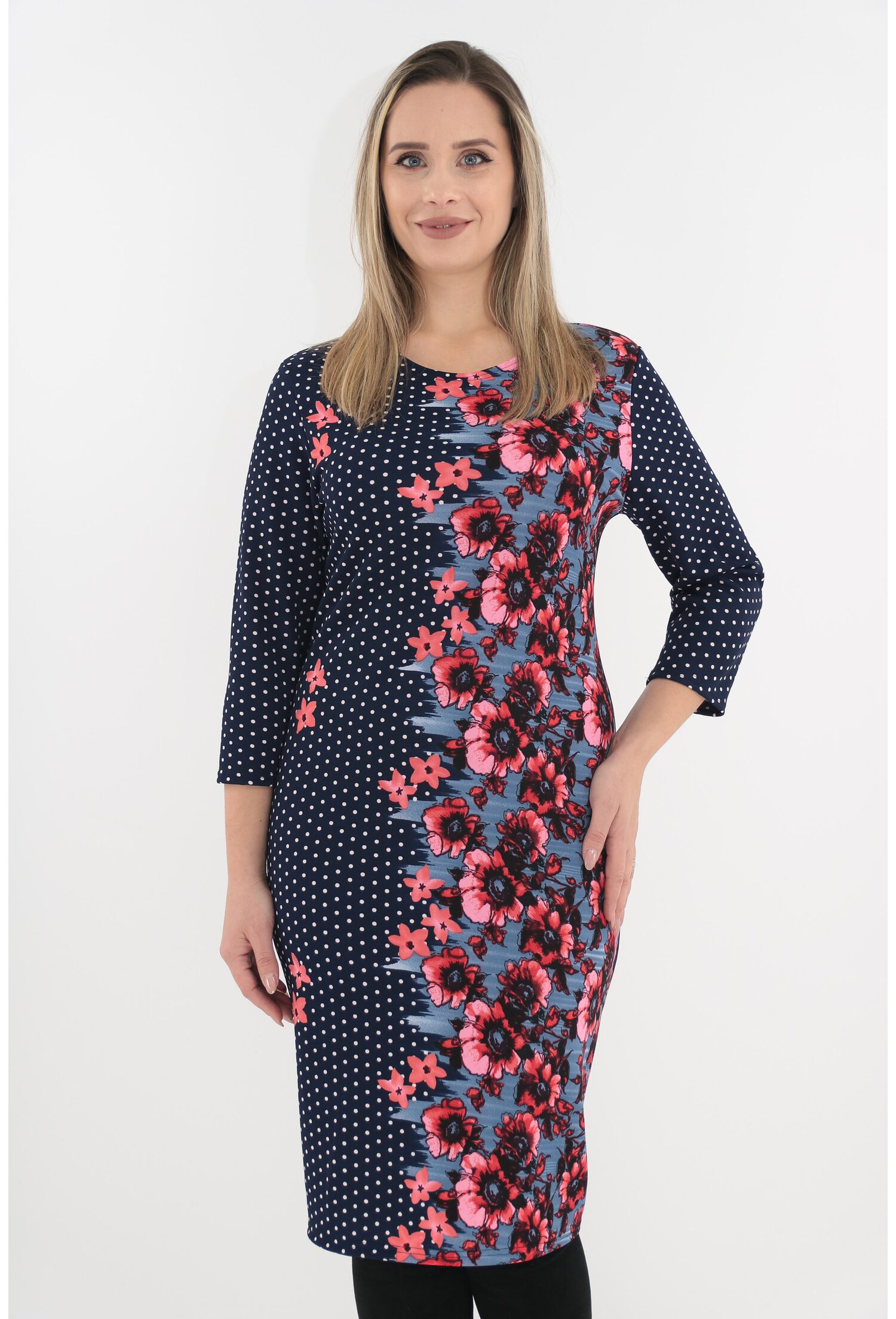 Rochie office bleumarin cu buline albe si bordura florala