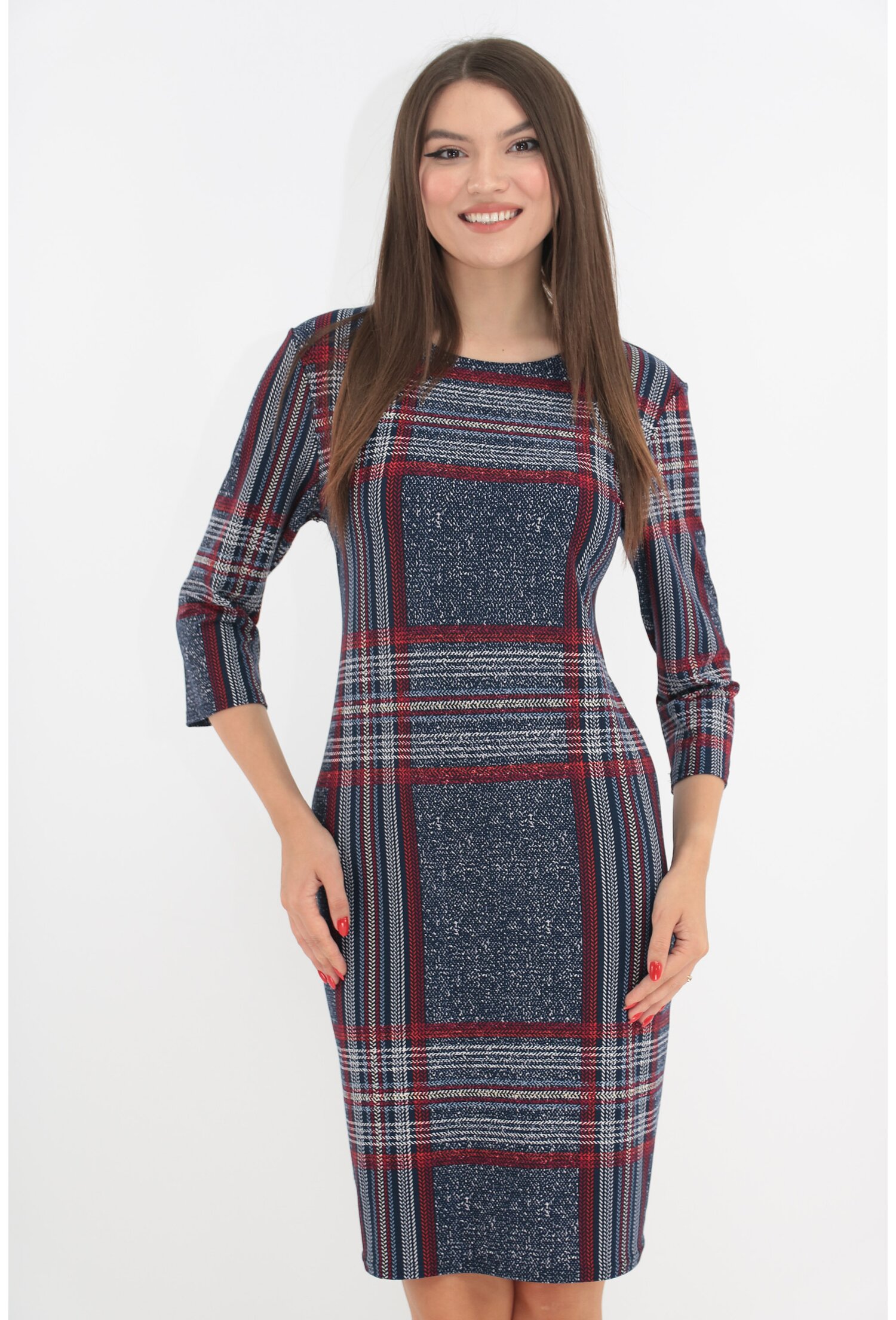 Rochie office bleumarin cu carouri alb-bordo