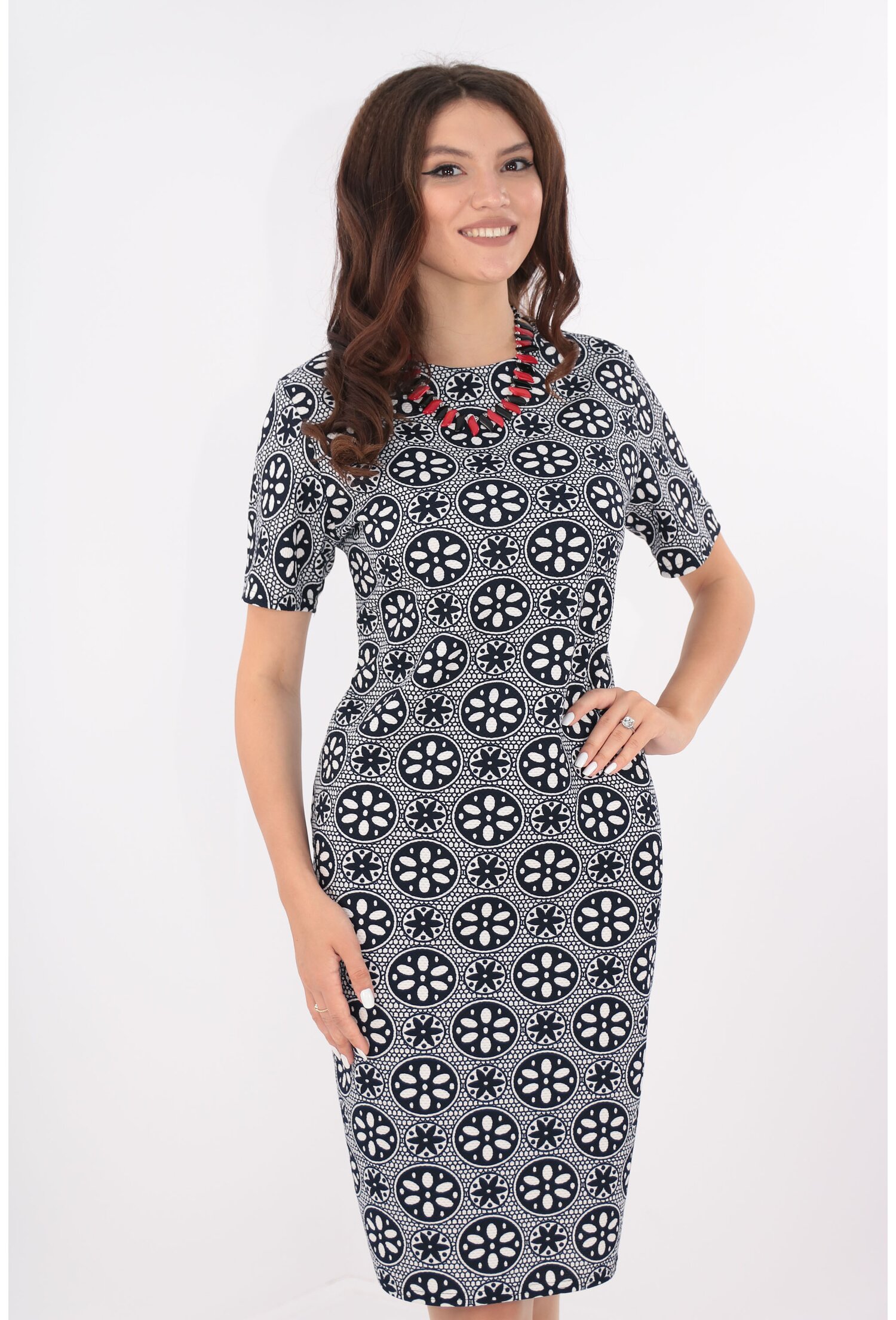 Rochie office bleumarin cu imprimeu alb