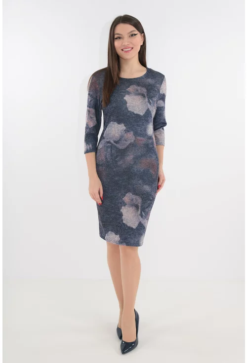 Rochie office bleumarin cu imprimeu floral gri