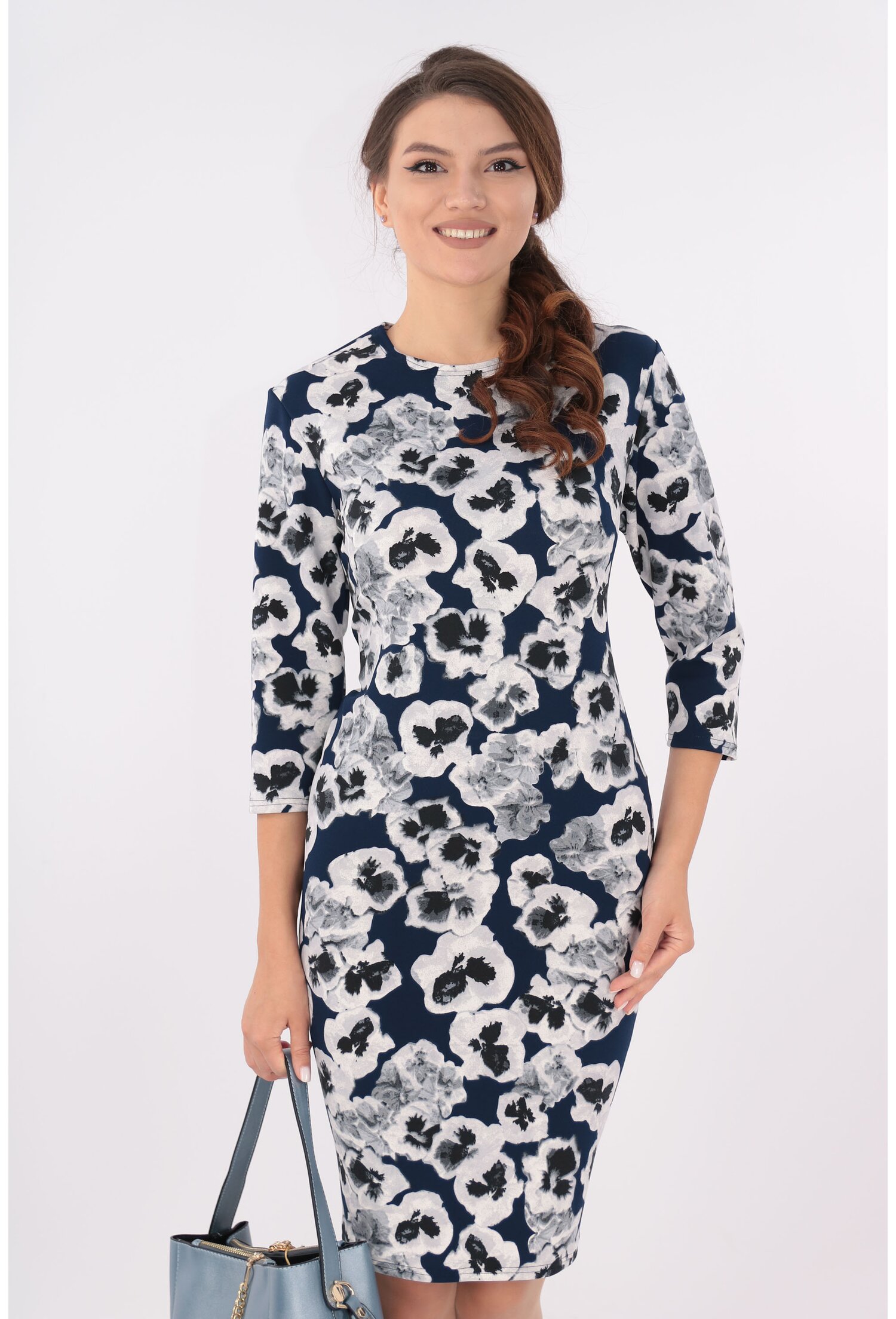 Rochie office bleumarin cu panselute