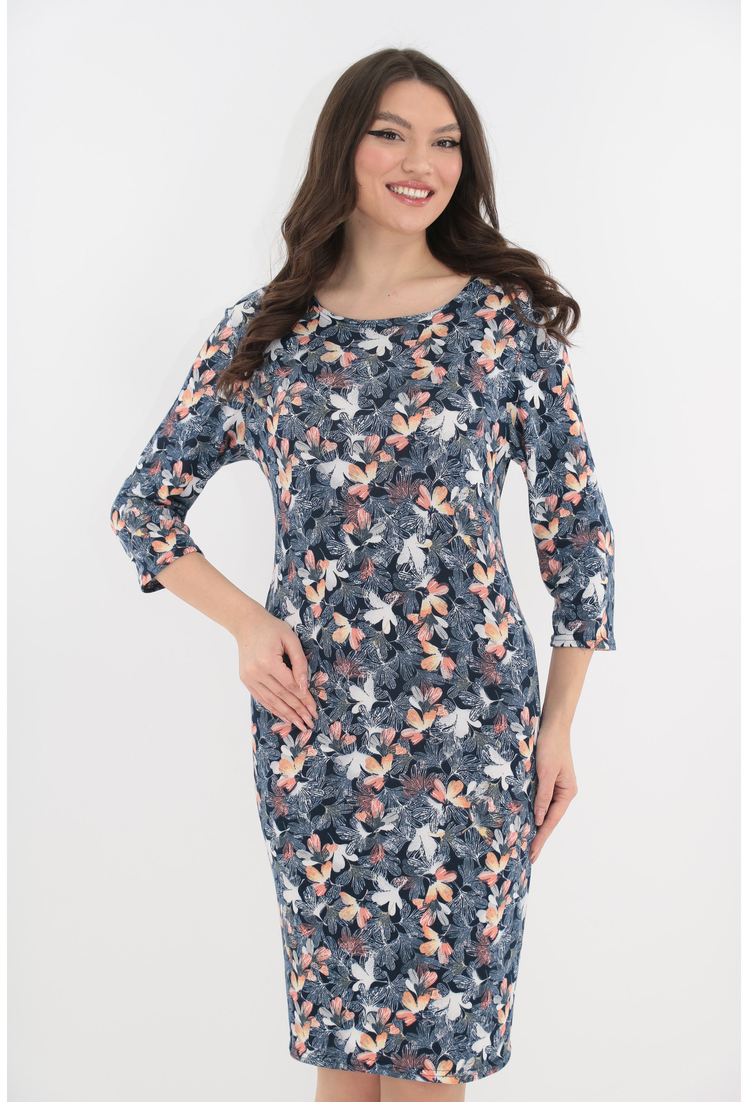 Rochie office bleumarin cu print floral alb-roz