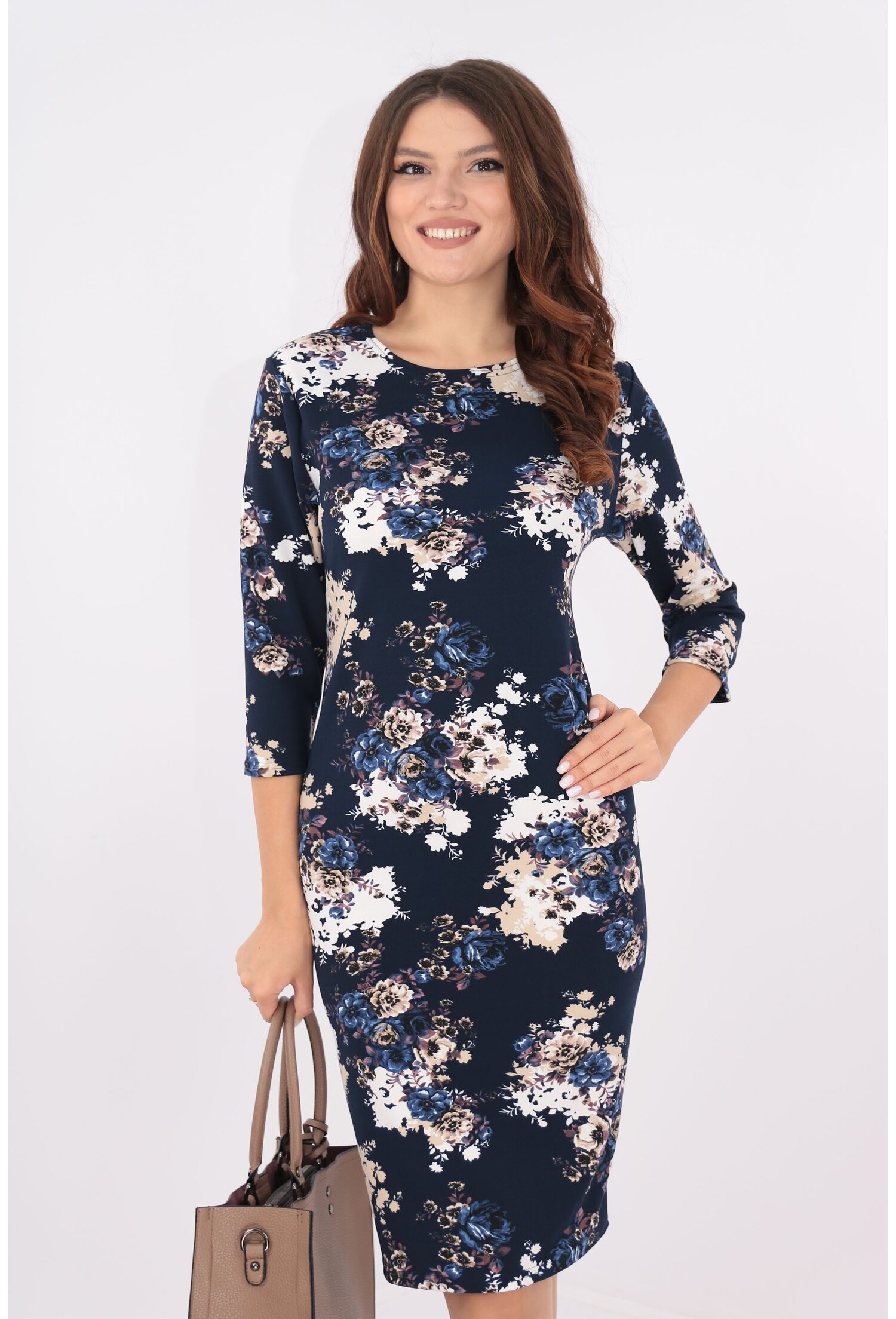 Rochie office bleumarin cu print floral bej-alb