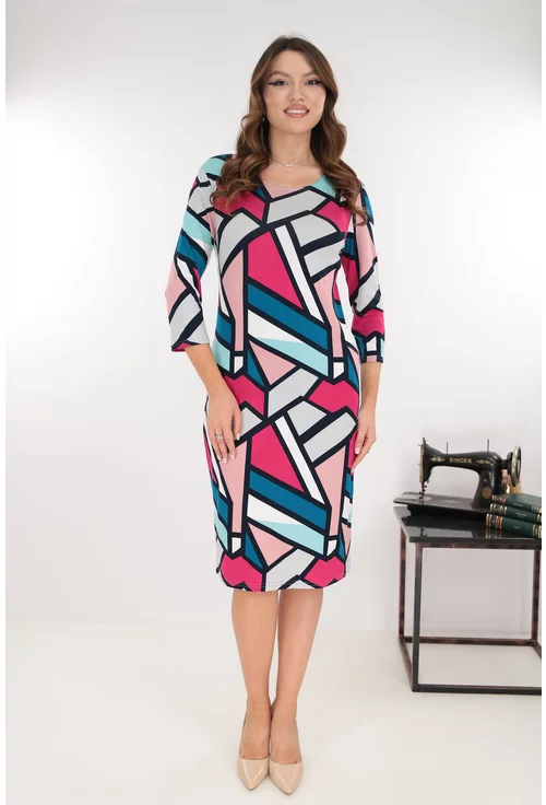 Rochie office cu imprimeu geometric roz-gri