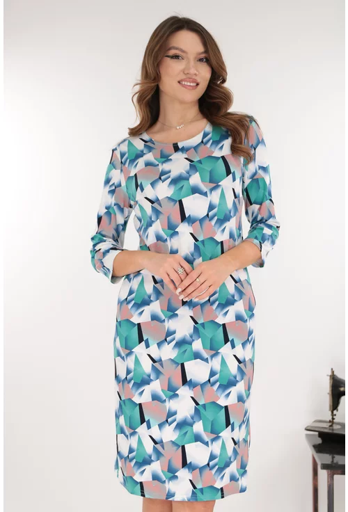 Rochie office cu imprimeu geometric verde-gri