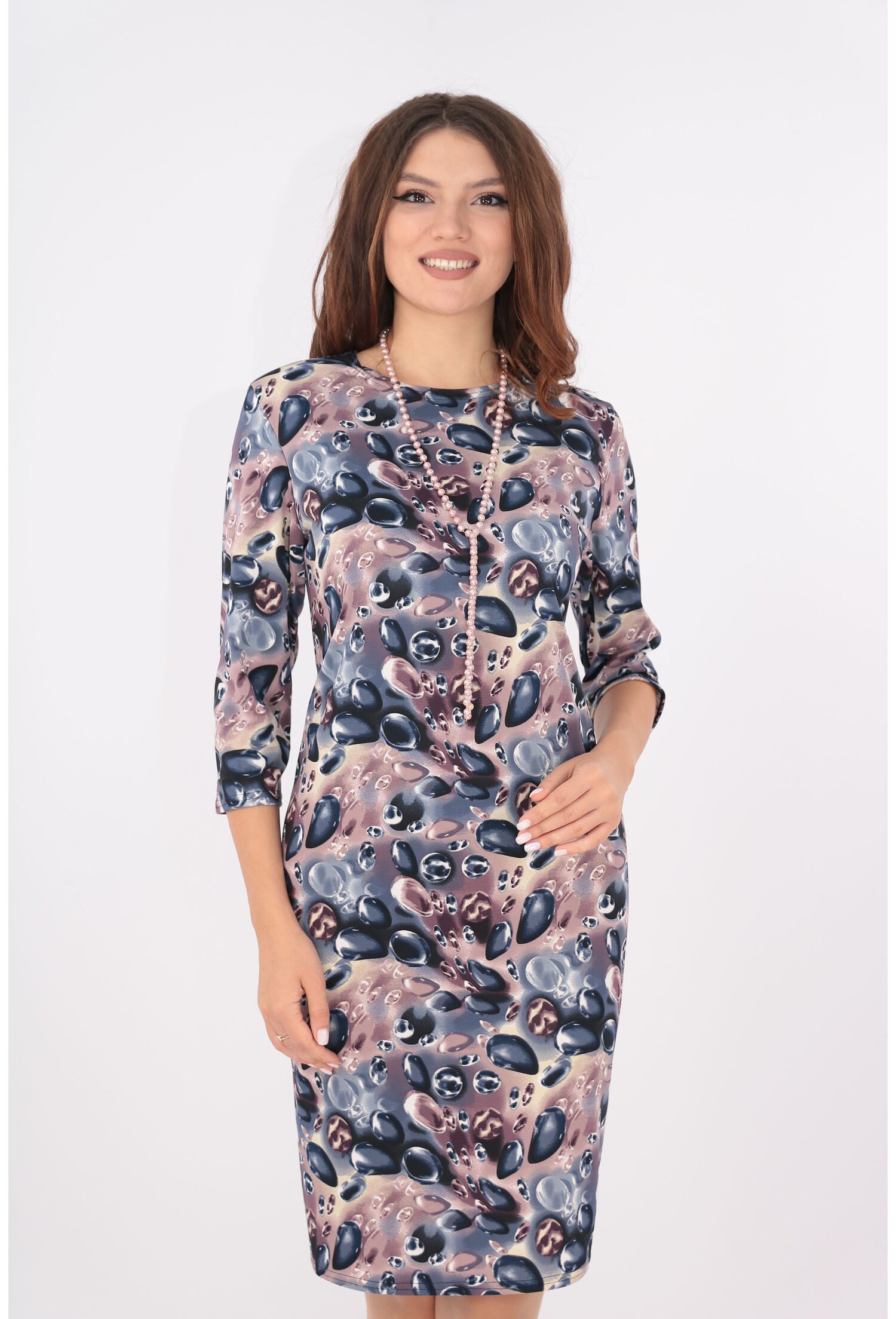 Rochie office cu print abstract roz prafuit si bleumarin