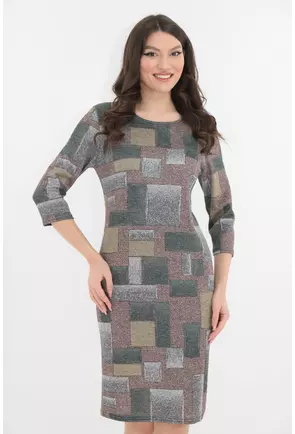 Rochie office cu print geometric gri-olive