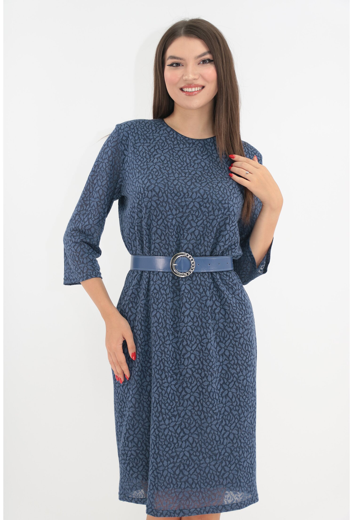 Rochie office din dantela florala bleumarin