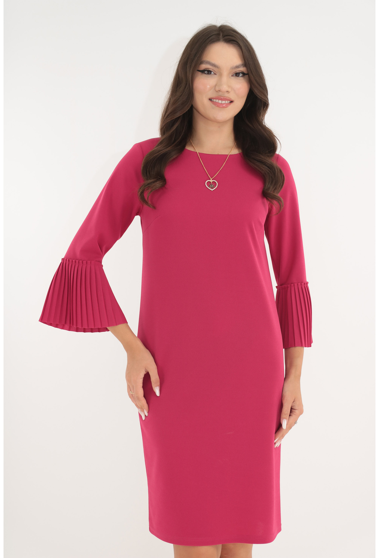 Rochie office fucsia cu lantisor si volanase
