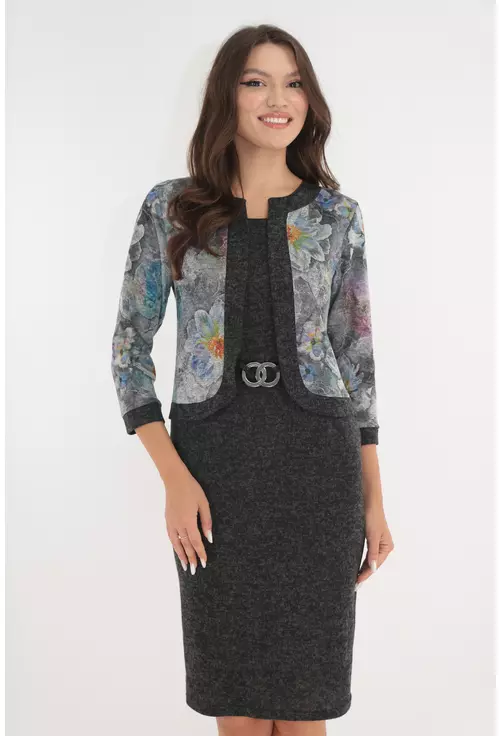 Rochie office gri-antracit din jerse cu aspect de costum