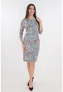 Rochie office gri cu frunze bleu si rosii imprimate