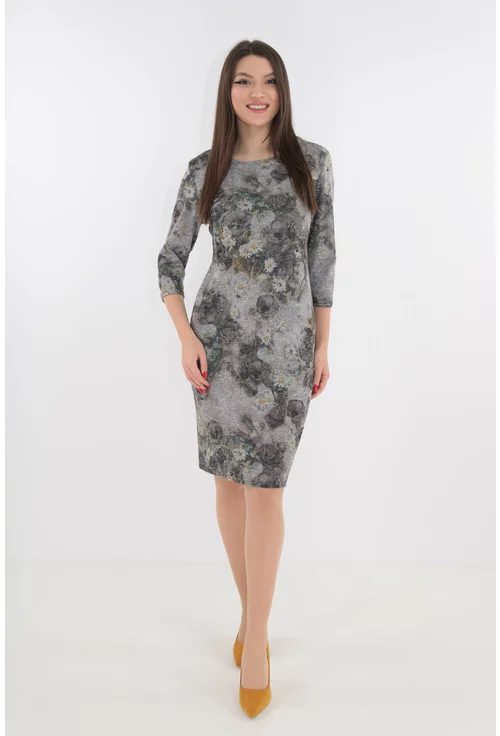 Rochie office gri cu imprimeu floral