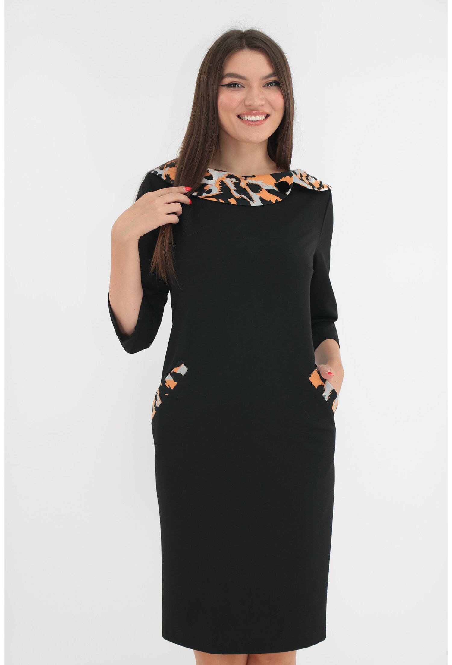 Rochie office neagra cu animal print la guler si buzunare