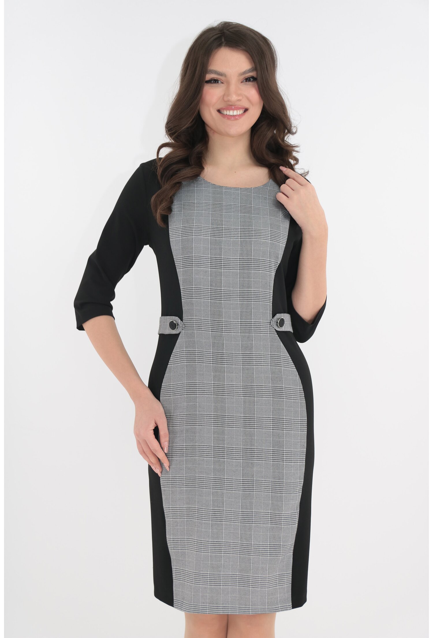 Rochie office neagra cu imprimeu gri in carouri