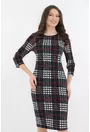Rochie office neagra cu model geometric alb-rosu