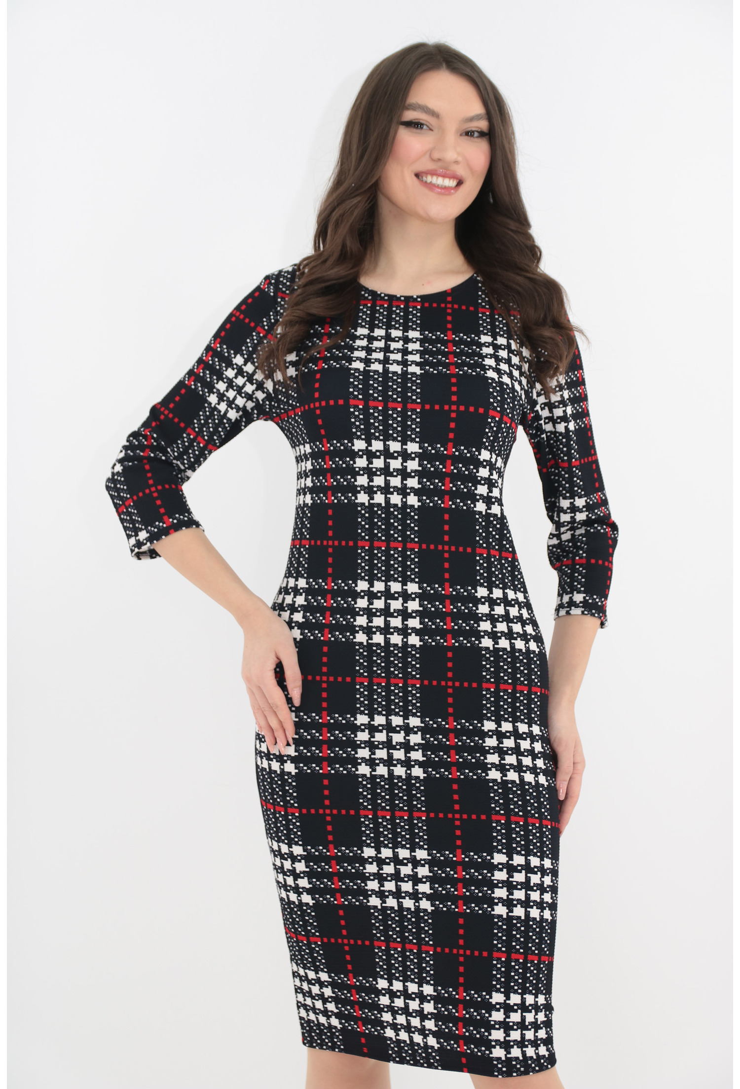 Rochie office neagra cu model geometric alb-rosu