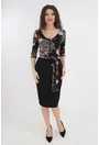 Rochie office neagra cu print floral rosu