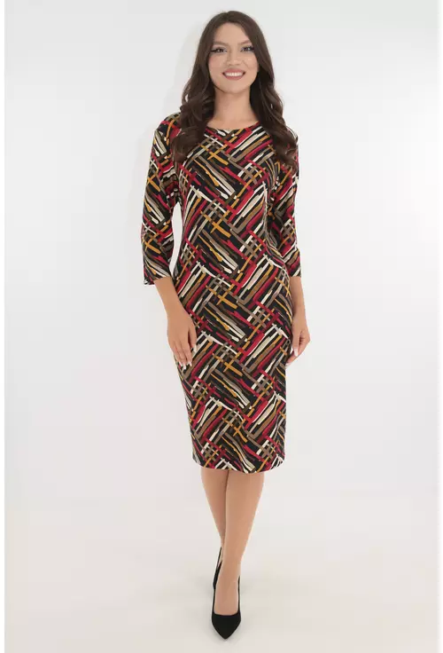 Rochie office neagra cu print geometric rosu-mustar