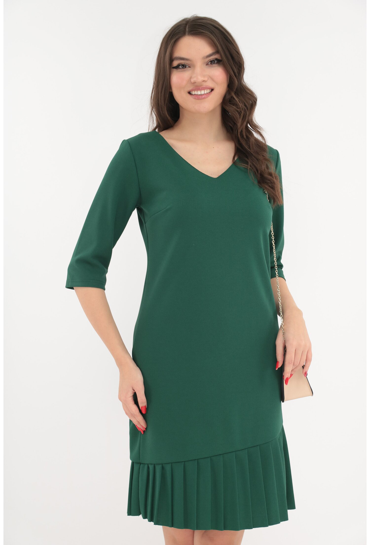 Rochie office verde cu volan plisat la tiv