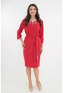 Rochie rosie cu broderie si cordon in talie