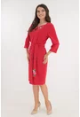 Rochie rosie cu broderie si cordon in talie