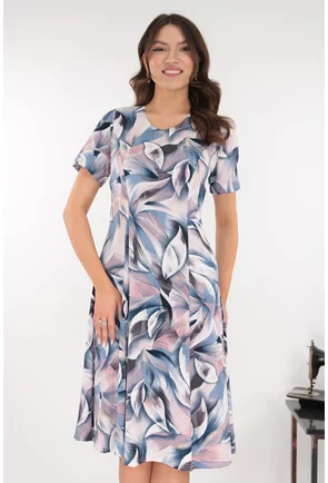 Rochie roz-gri in clini cu print abstract albastru